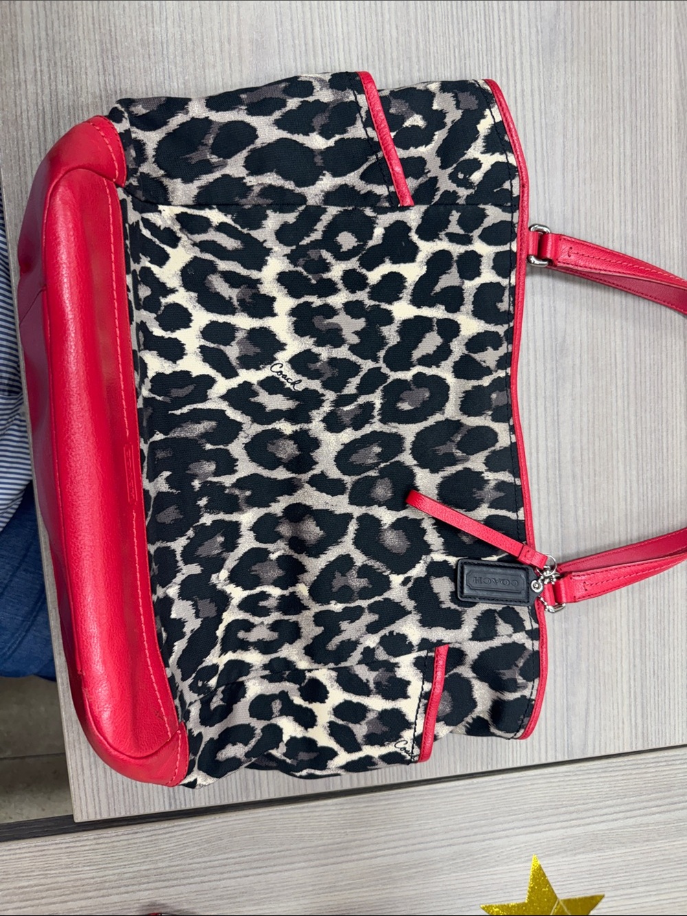 Coach Leopard Print Tote Bag with Red Trim